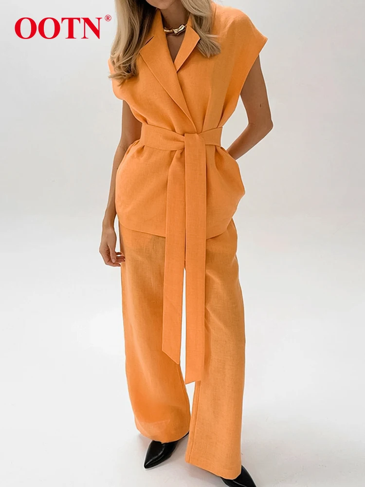 

OOTN Brightly Orange Cotton Linen Pants Suits 2 Piece Notched Lace-Up Shirts And Wide Leg Pants Summer Office Ladies 2024 Casual