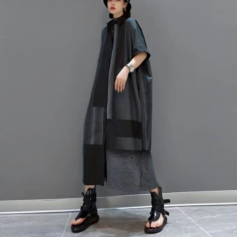 New Korean Style Painting Fashion Summer Woman Long Black Shirt Dress Vintage Printed Casual Loose Fit Big Size Dress JJXD513
