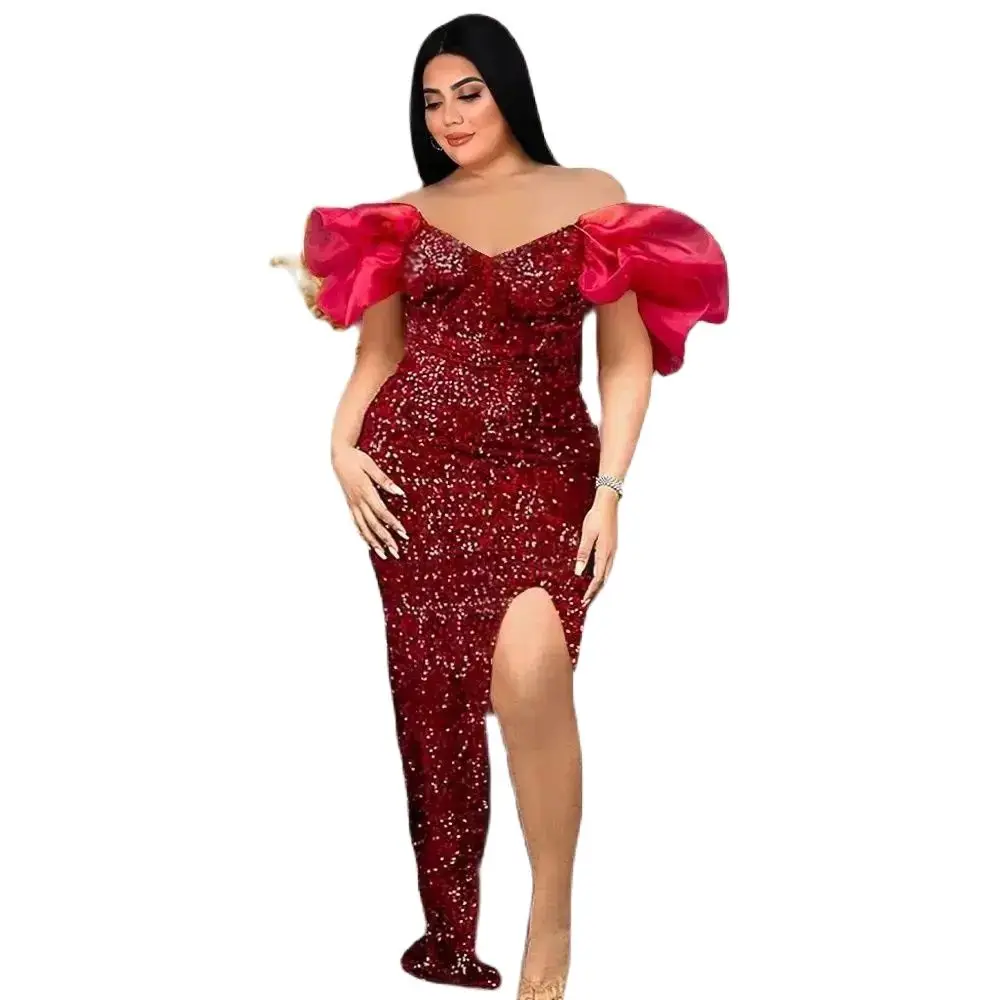 Plus Size Sequin Party Dress Female Puff Sleeve Luxury Dinner Prom Lady Evening Long Robe 2023 Autumn Elegant Pretty Women Dress