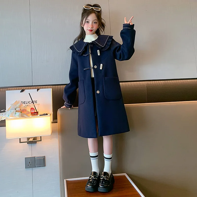 Girls Woolen Coat Jacket Windbreak 2023 Navy Blue Warm Thicken Winter Cotton Overcoat Plus Size Children\'s Clothing