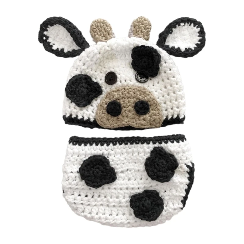 Infant Cow Costume Crochet Hat Shorts Photoshooting Clothes Newborn Shower Gift