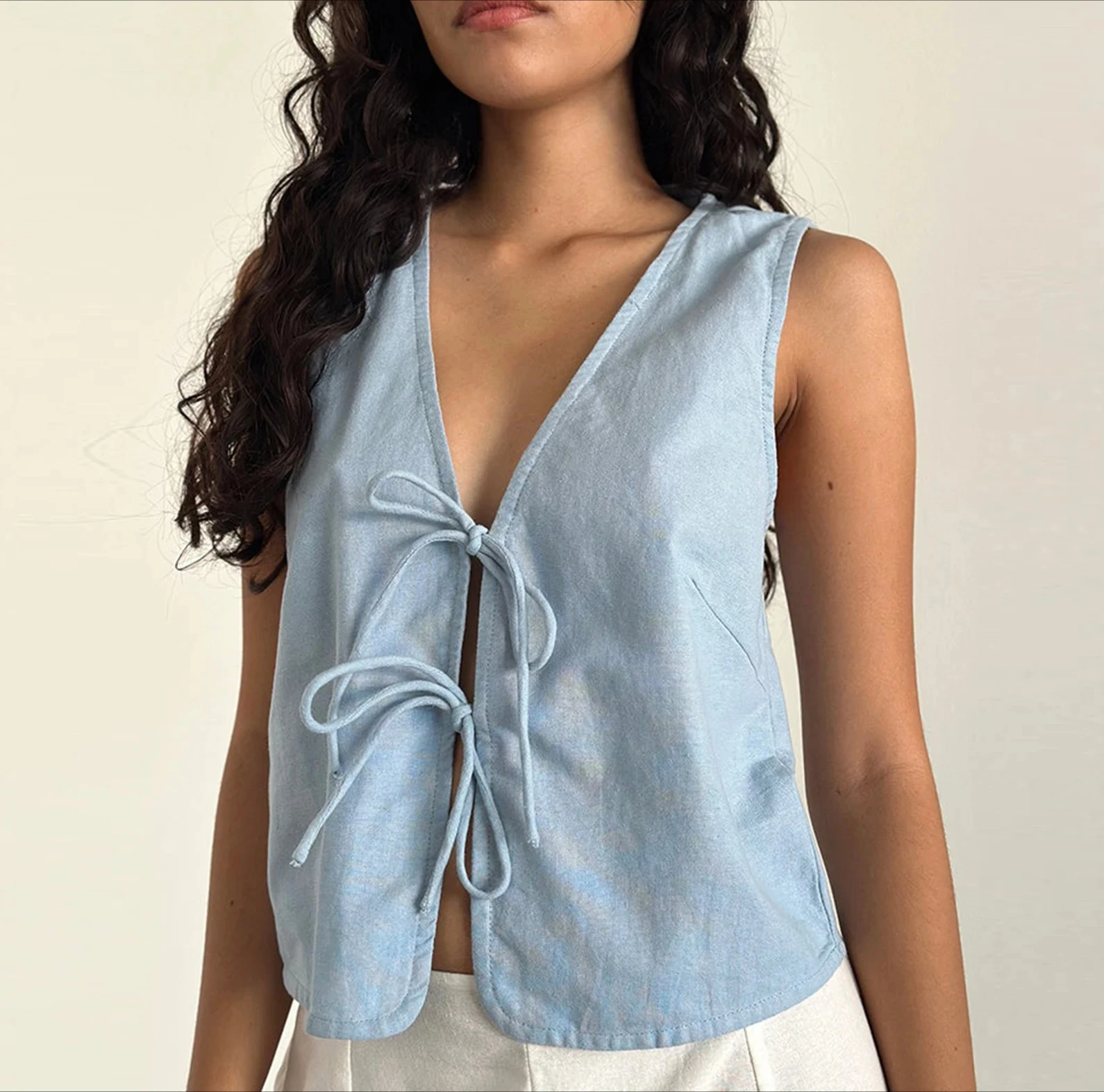 

Женские топы на бретелях с двойной завязкой спереди и v-образным вырезом, летний однотонный жилет без рукавов Y2K, винтажная уличная одежда