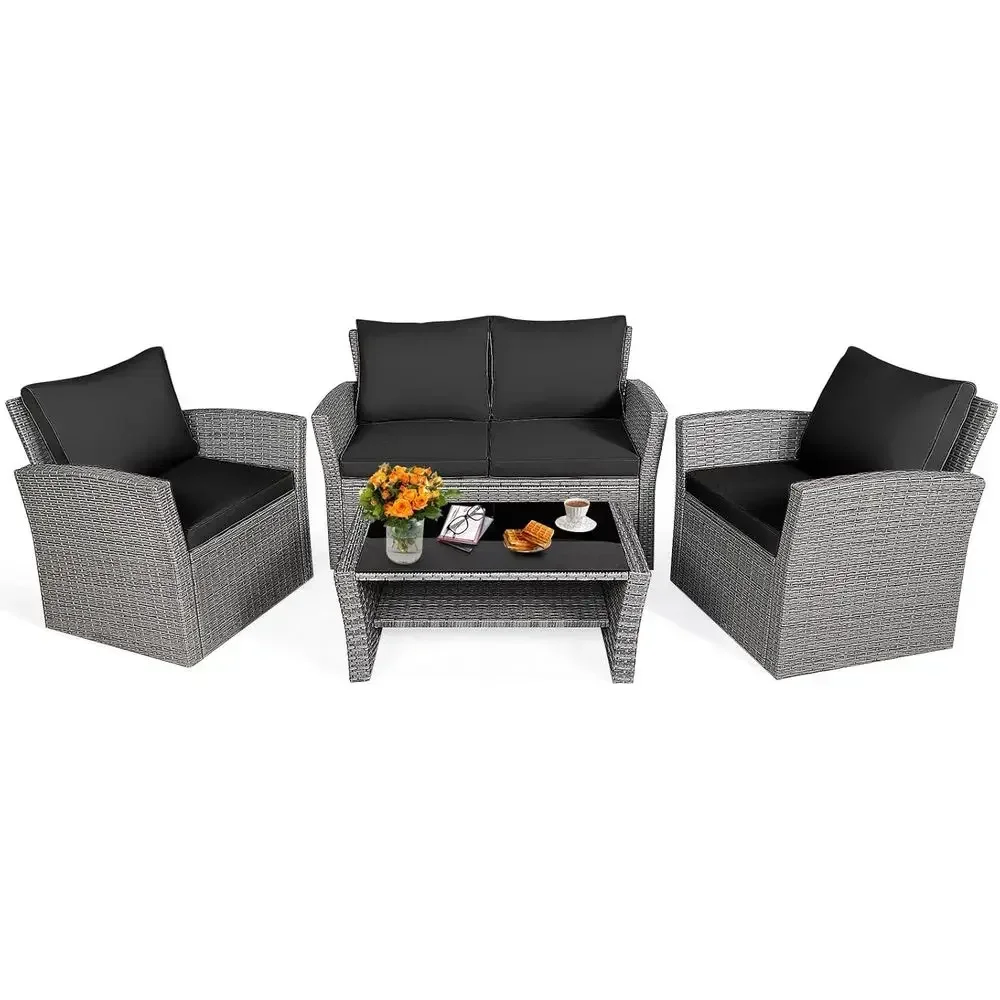 All-Weather Outdoor Sectional Rattan Sofa Set with Cushions and Tempered Glass Table for Patio, Backyard, or Poolside (Black)