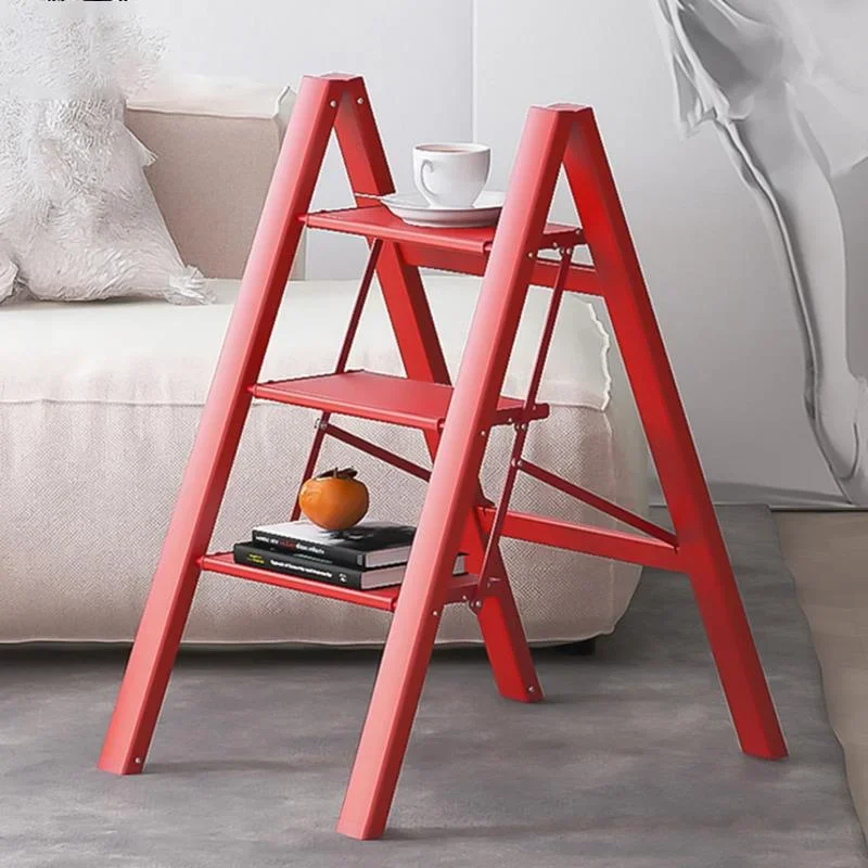 Vibrant Red Folding Aluminum Ladder Multi-Functional Kitchen Stool Flower Stand Home Utility Step Furniture