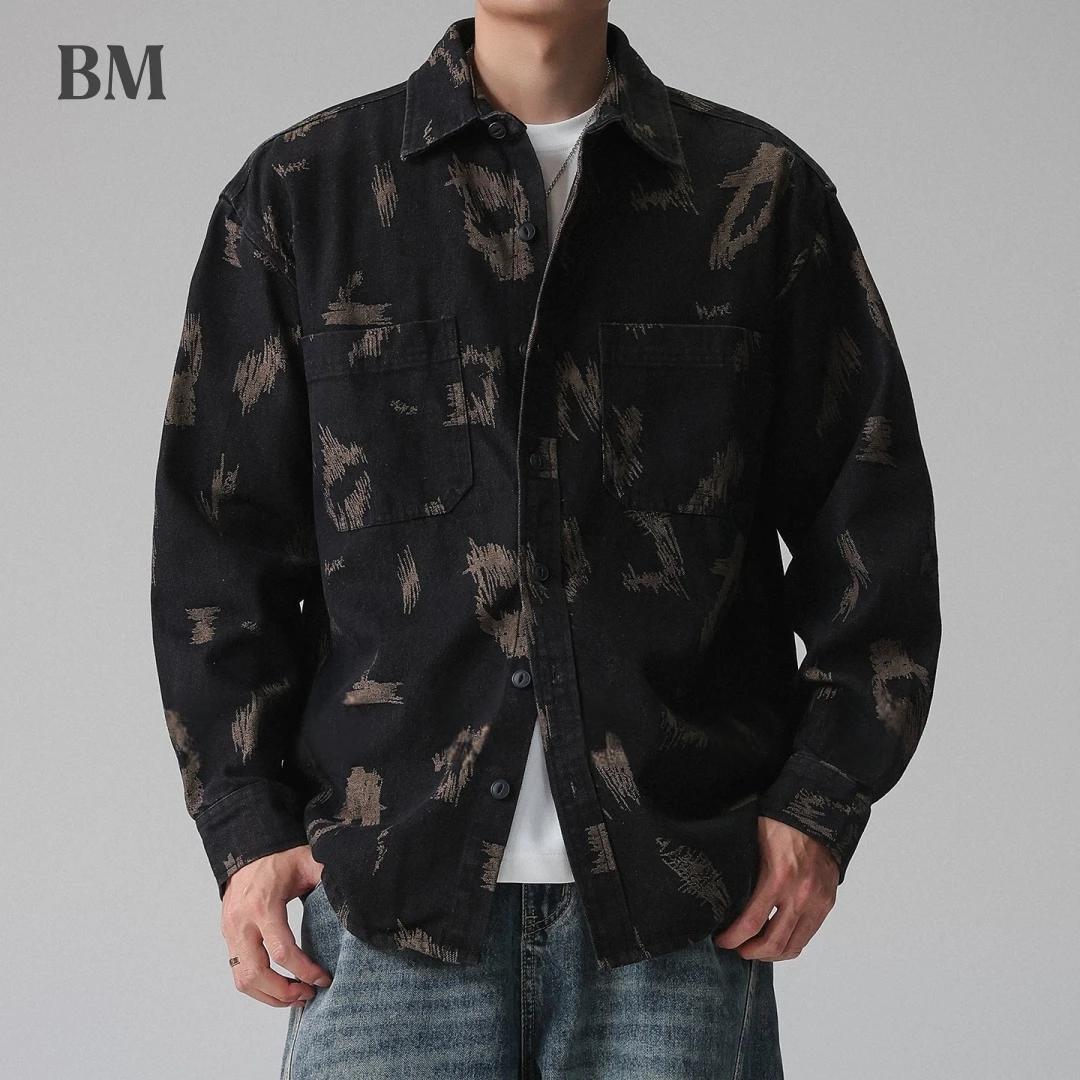 Mens Denim Shirt Jacket American Streetwear Oversized Heavyweight Vintage Print Workwear Long Sleeve Spring Autumn Coat Male