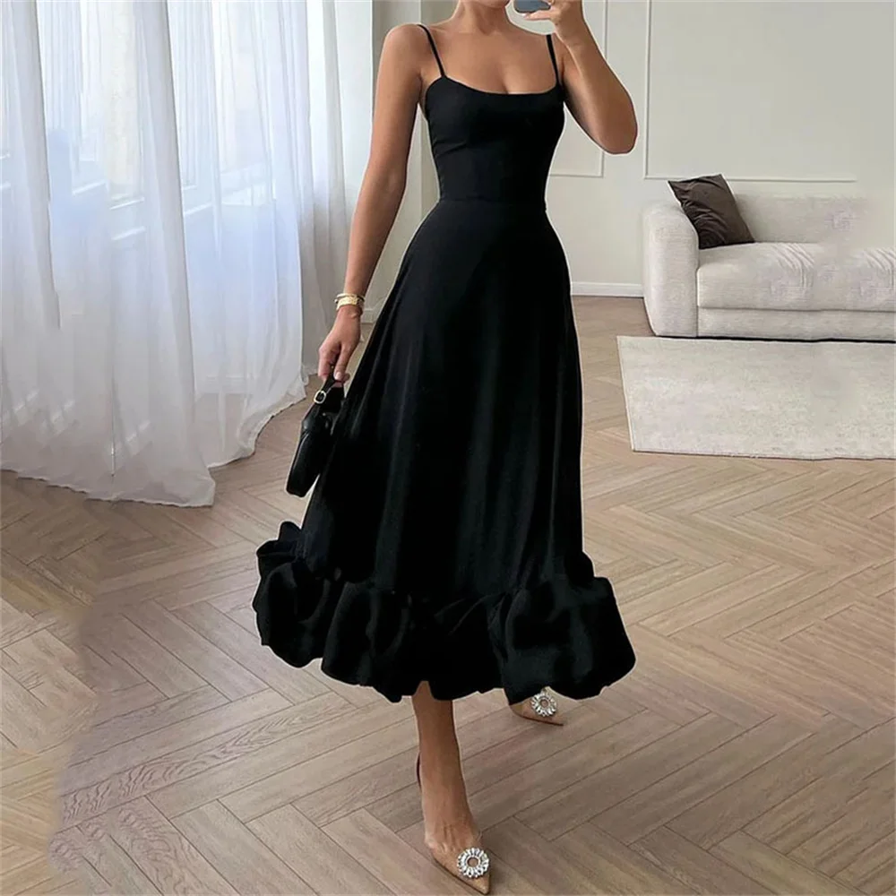 Women Flower Hem Pleated Spaghetti Strap Dress Elegant Solid Sleeveless A-line Backless Dress Female Party Vestidos