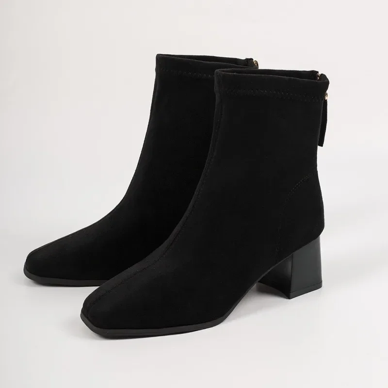 Women Shoes Suede Ankle Short Boots Women Winter Chunky Pumps Platform Square-toed Dress Fashion Botas 2026 High Heels Shoes