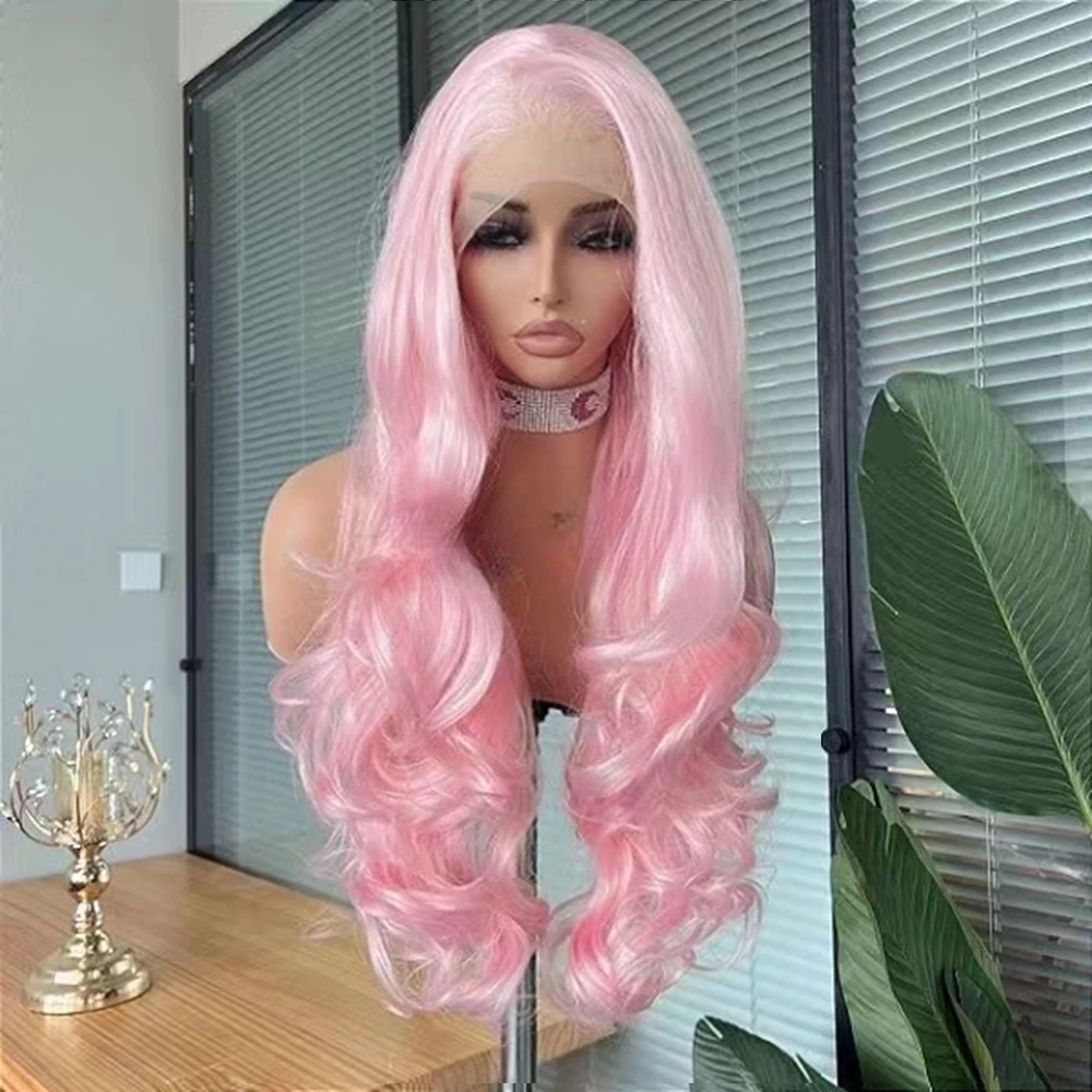 

WIF Long Body Wave Light Pink Color Hair Wig Body Wavy Natural Hairline Pink Hair Heat Resistant Fiber Synthetic Lace Front Wigs