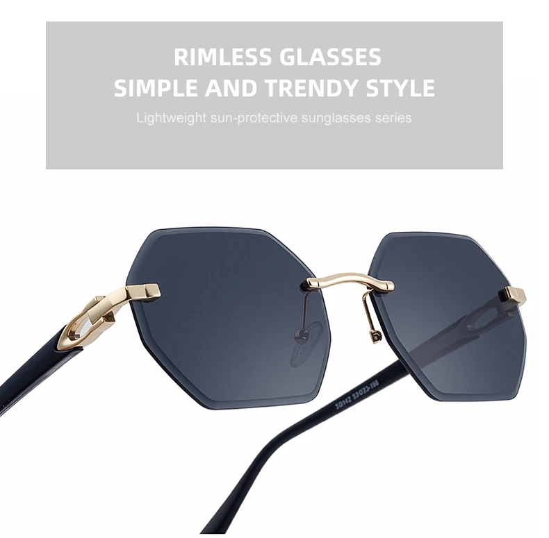 Modische randlose quadratische Sonnenbrille für Damen 2026 – Luxusmarke, sechseckiger Metallrahmen, trendige Outdoor-Sonnenbrille für Frauen – Detail 9