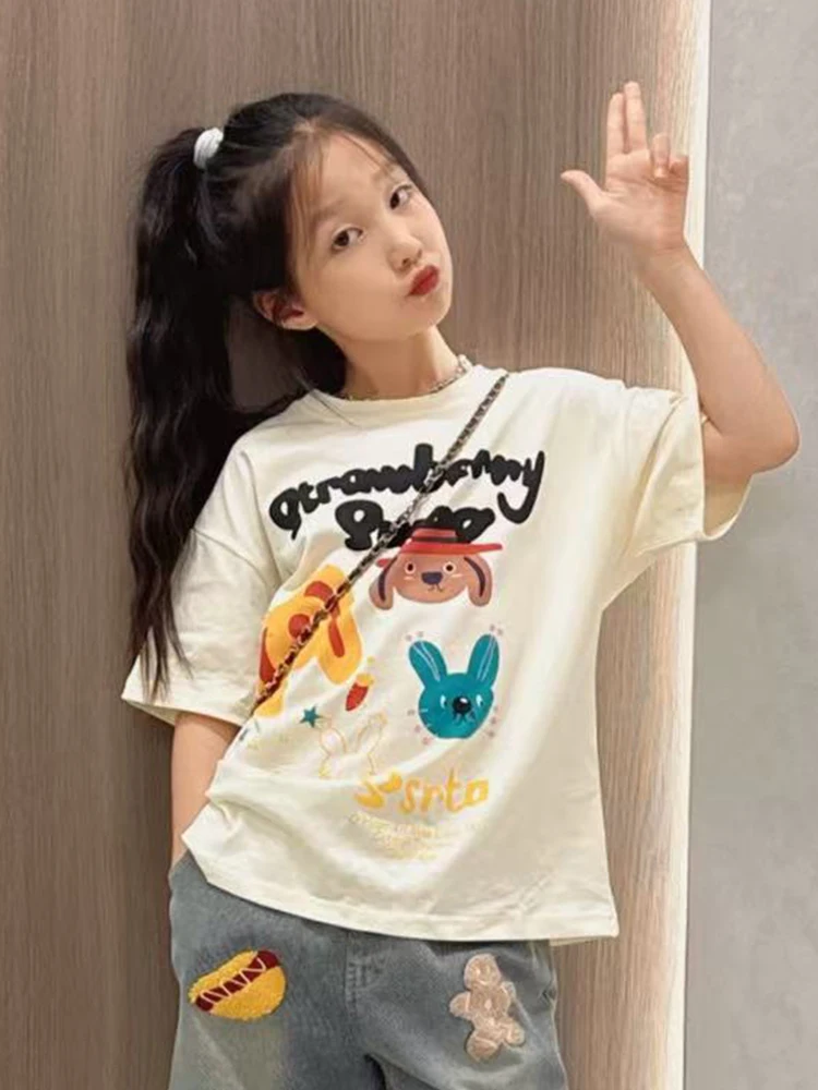 

Girls' Summer Casual Cotton Denim orts Set ort Sve Top Bot Two-Piece Outfit Trendy Streetwear for Big Kids