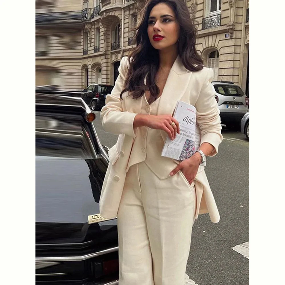 Luxury Beige Suit for Women Single Breasted 3 Piece Jacket Vest Pants Notch Lapel Female Clothing Formal Office Lady Blazer Set