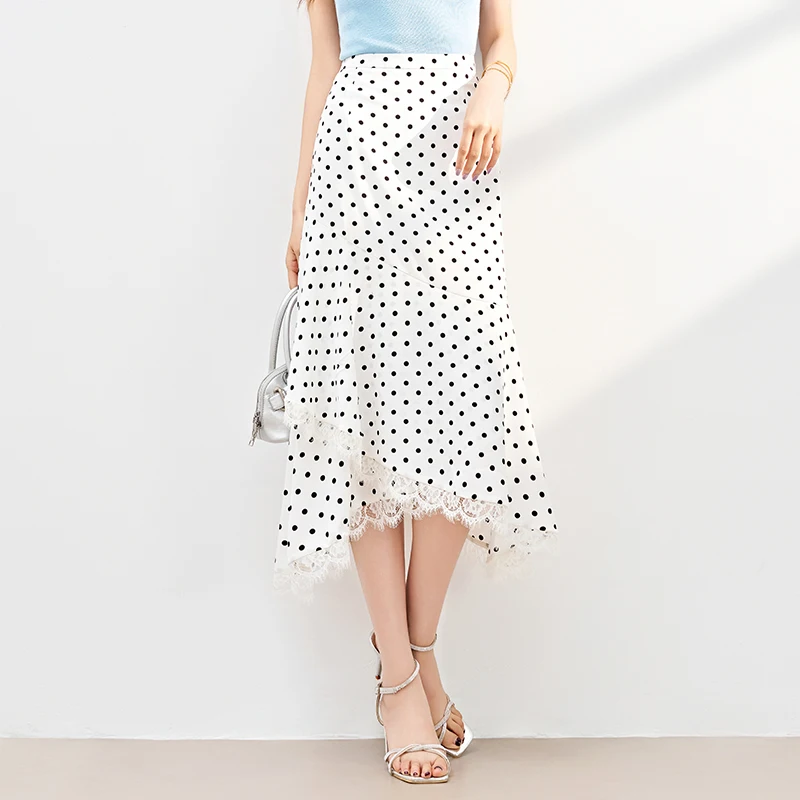 

Юбка женская миди с высокой талией, в горошек, с кружевными вставками, корейский стиль, асимметричная, фасон «рыбий хвост», из полиэстера, облегающая, А-силуэт