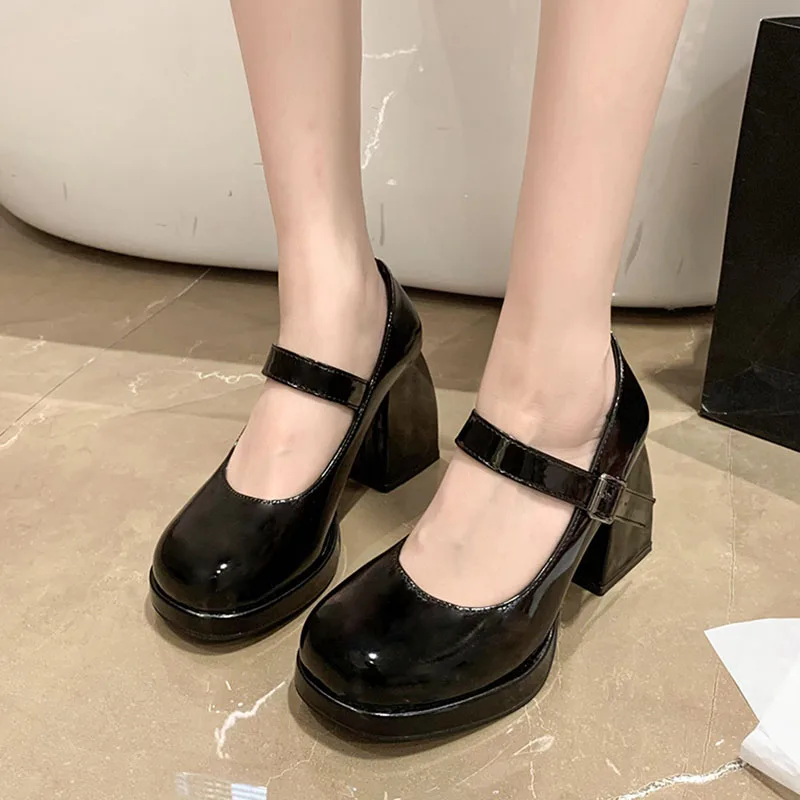 Platform Pumps Women Elegant Square Heels Mary Jane Shoes Woman Ankle Buckle High Heeled Shoes Female Lolita Shoes 2024