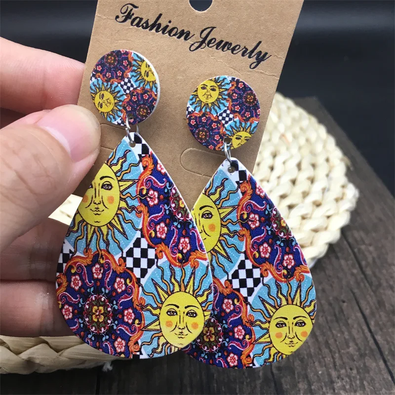 Bohemian Geometric Earrings for Women Vintage Ethnic Wooden Sun Flower Water Drop Dangle Stud Earring Party Jewelry Accessoreis