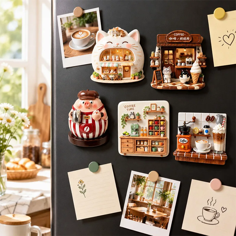6pcs 3d Embossed Magnetic Fridge Magnet Cute Coffee Cat  Creative Cafe Style Warm Winter Decor Refrigerator Sticker Decor Supply