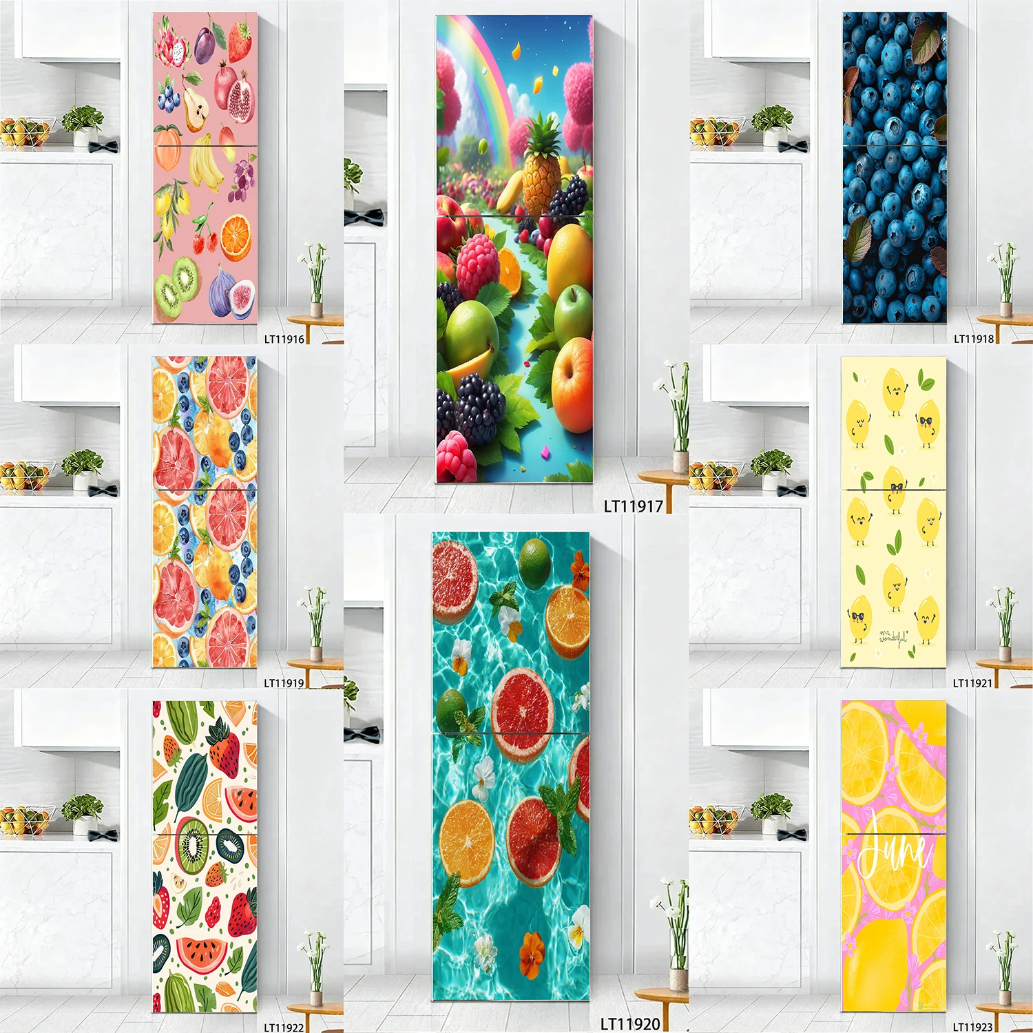 Tropical Fruit Watermelon Avocado Strawberry Pattern Refrigerator Door Sticker Waterproof Self-Adhesive Fridge Decal