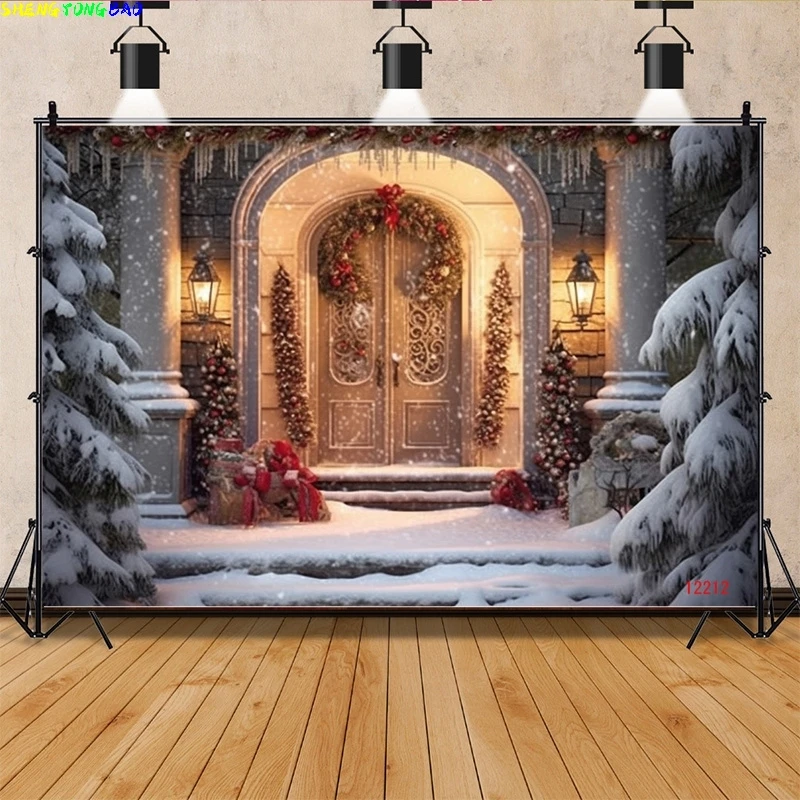 

Vinyl Custom Christmas Day Fireplace Photography Backdrops Gift Box Candy Chimneys Snowflake Window Studio Background WW-39