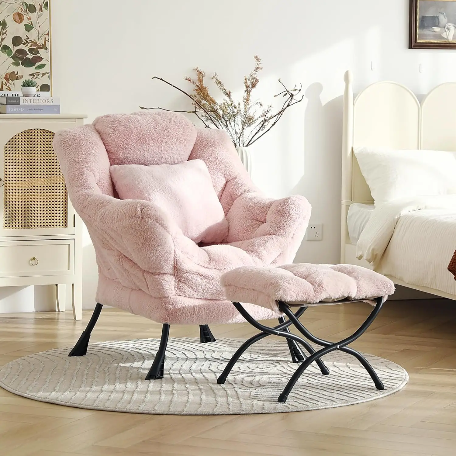 Large Pink Plush Lazy Chair with Ottoman and Throw Pillow for Living Room, Bedroom, Dorm Room and Office, Comfy for Relaxing