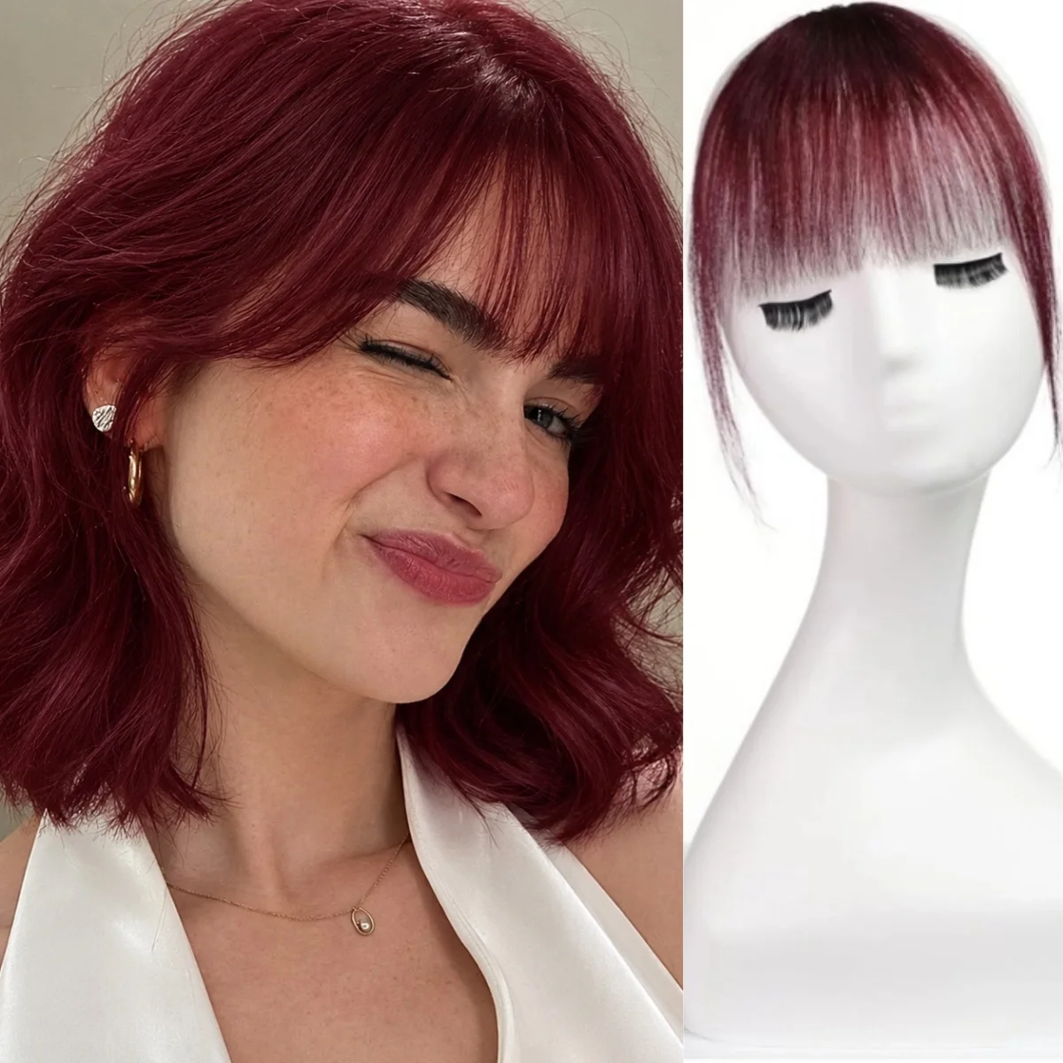Clip in 100% Human Hair Burgundy Bangs Fringe Hairpiece Natural Looking Invisible Seamless for Women Daily Party