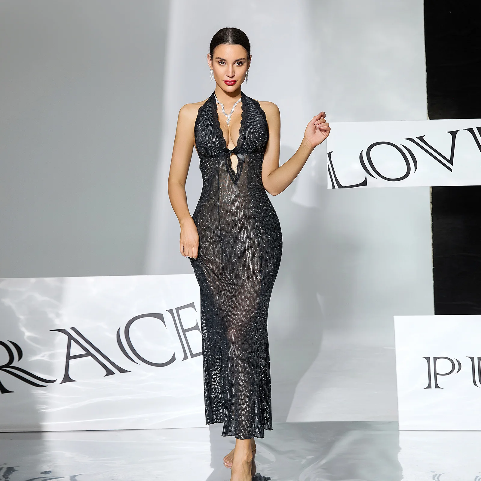 Sexy Black Sheer Halter Dress Women Deep V-Backless Bodycon Mermaid Maxi Dress Sparkly Evening Gown Sleepwear Nightwear Long