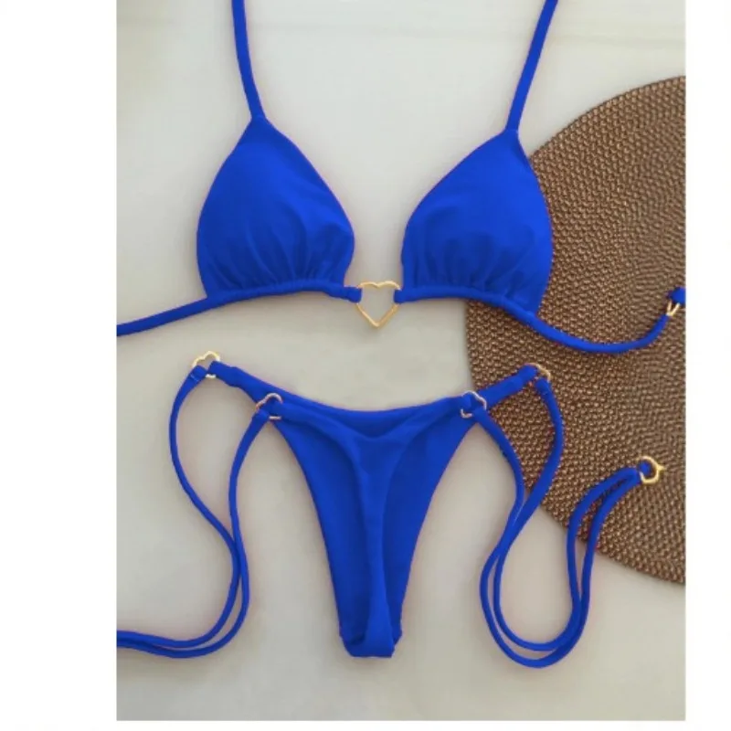Women Bikini Set Contrast Gold Heart Ring Detail Triangle Top With Tie Side Thong Bottom Sexy Summer Beach Bathing Suit Swimwear view 4