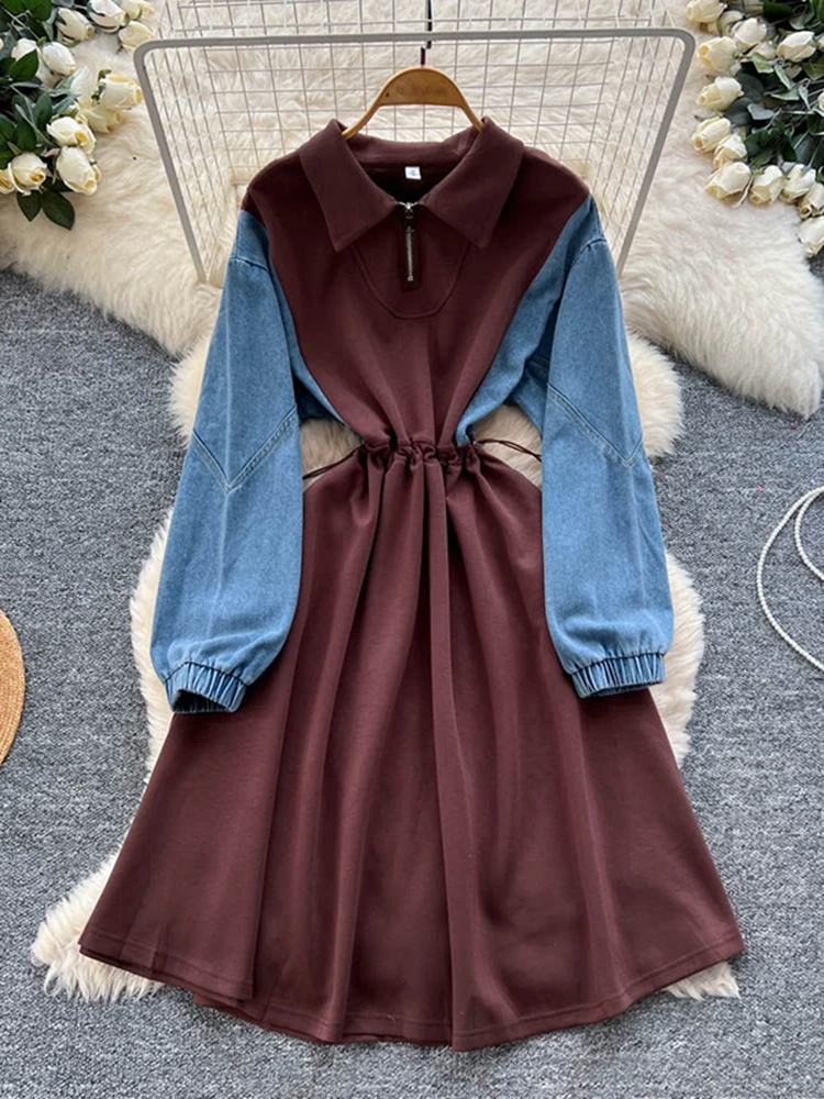 

Spring Autumn Korean Fashion Cowboy Long Sleeve Splicing Strap Waist Dress Women's New Loose Casual Medium Length Dress C395