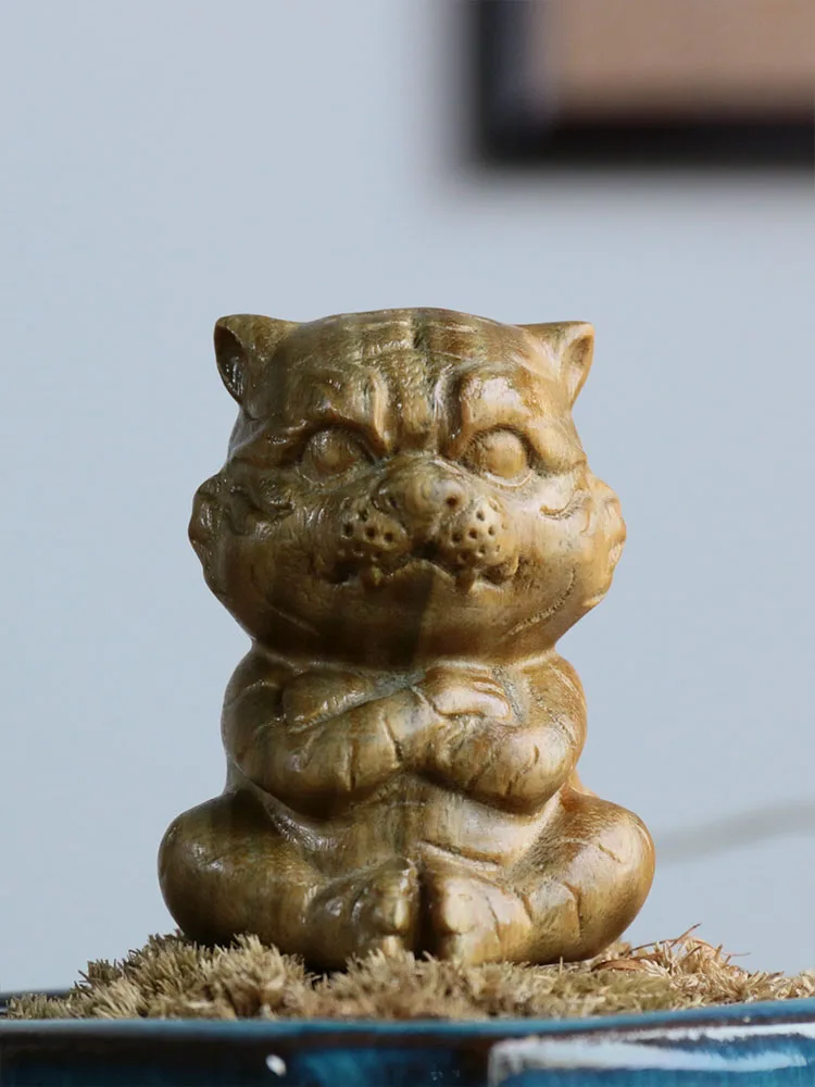 Stylish Spectacled Tiger: Green Wood Carved Car Ornament, Zodiac Collection