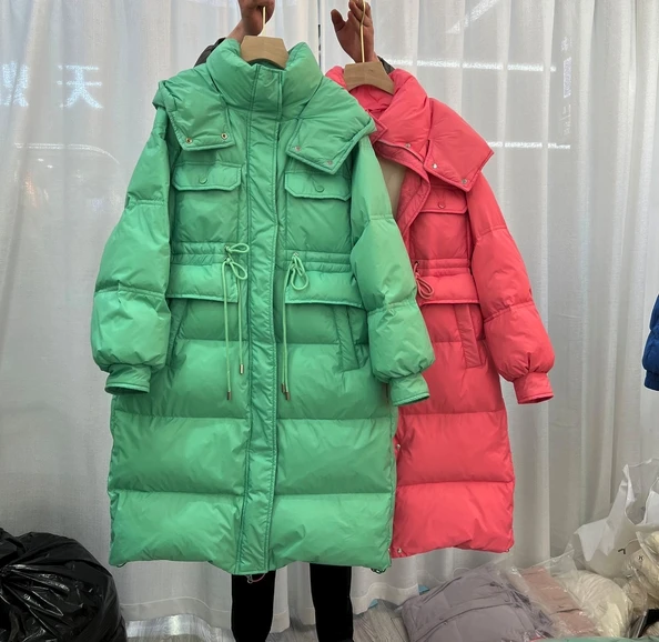 

Winter Women Hooded Bread Puffer Jacket Female Long White Duck Down Coat Streetwear Thick Warm Snow Parka