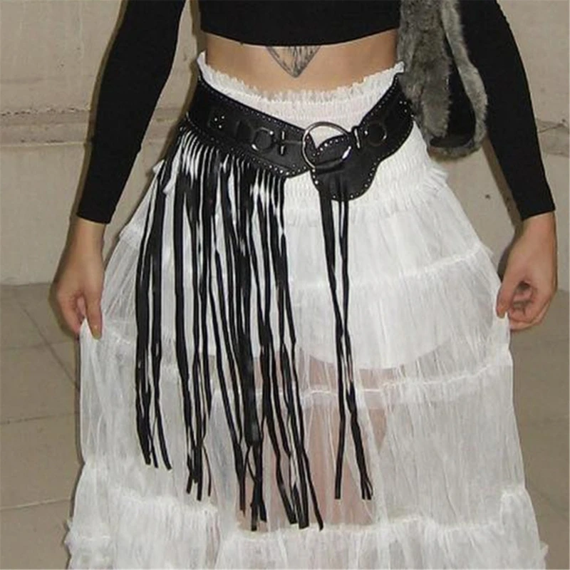 Women Vintage Punk Waist Belt Y2K Cool Girls Cowgirl Long Tassels Wide Studded Belt Body Chain for Dress Skirt Club Stage Dance