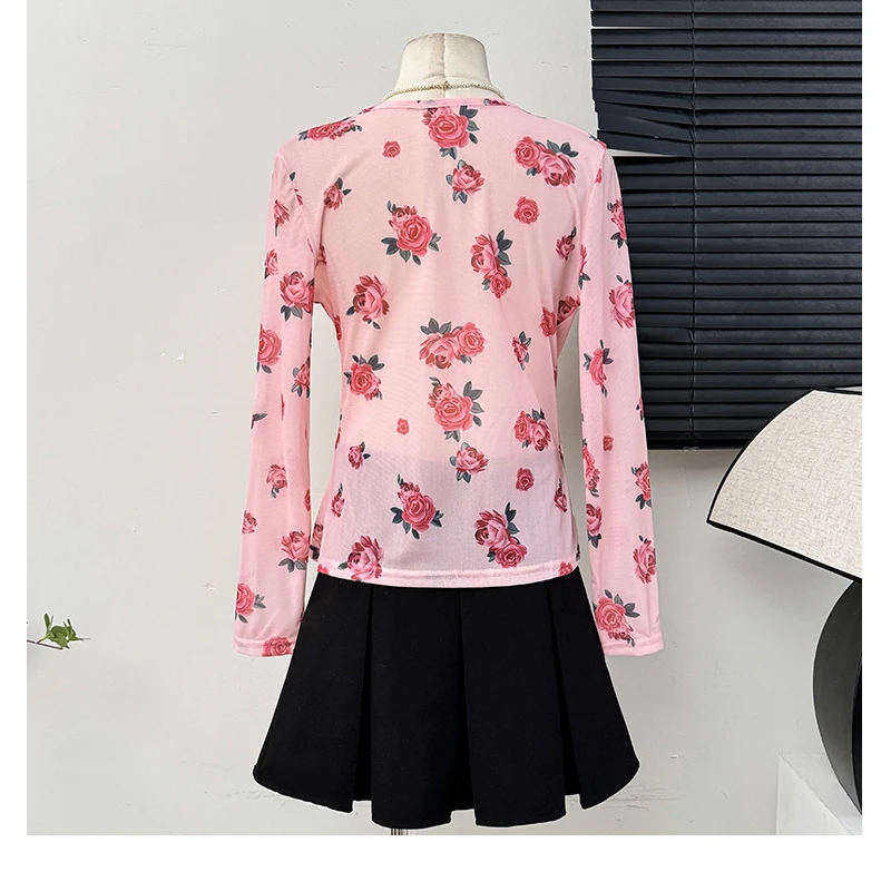 Pink V-neck Rose Print Lace Shirt  Women's Spring Autumn New Slim Fit Elegant Pleated Top Sexy Perspective Versatile Basic Shirt