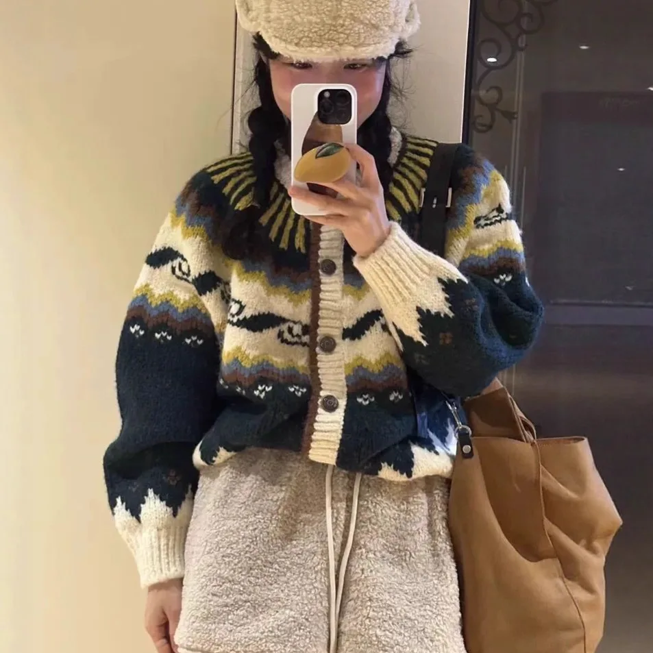 

Women Knitted Cardigan Sweaters Jacquard Jumpers Color Blocked Round Neck Long Sleeves Single Breasted Casual 2025 Autumn Winter