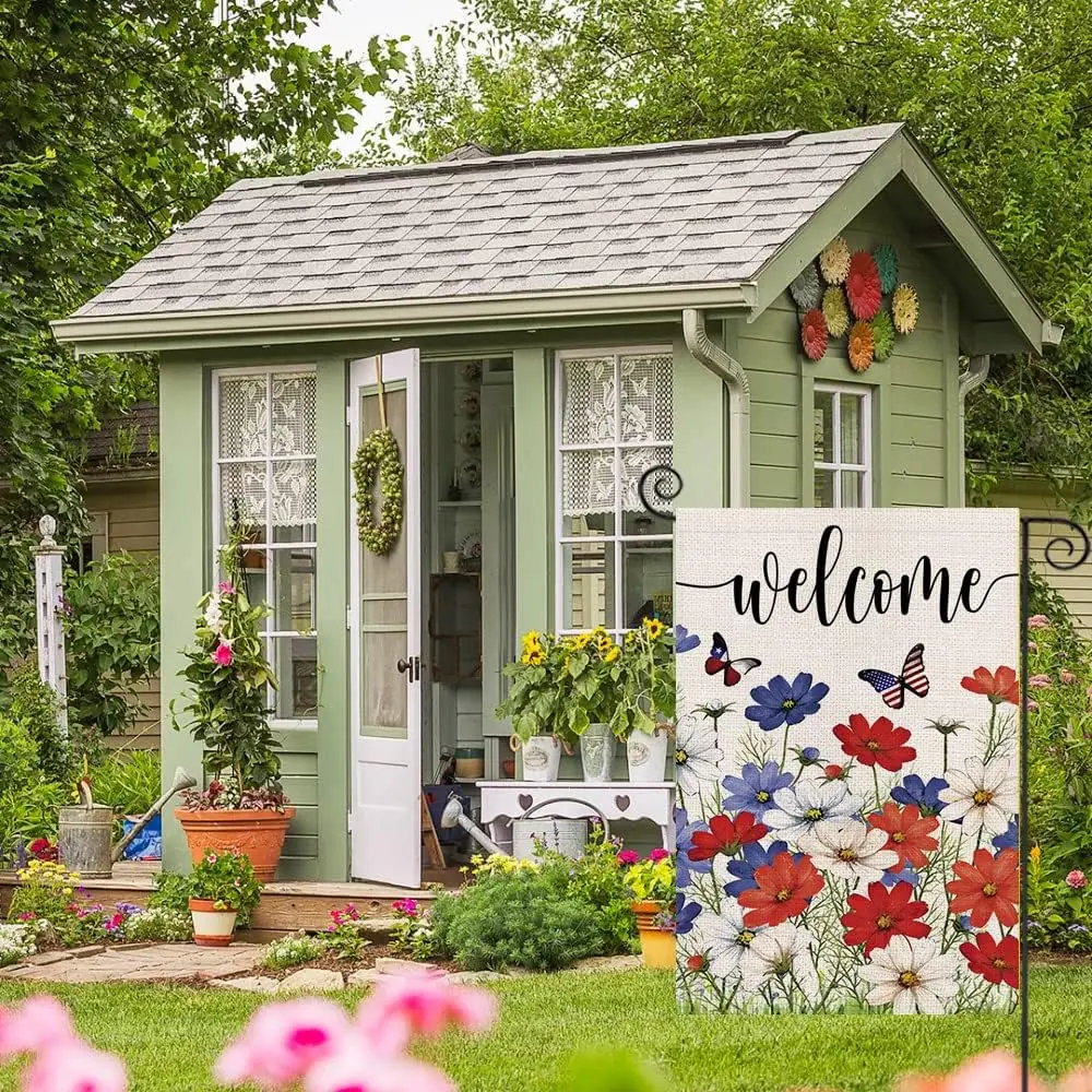 Welcome Summer Flowers Garden Flags for Outdoor,Cosmos Floral with Butterfly Small Yard Flags for Outside,Seasonal Decoratio yyi