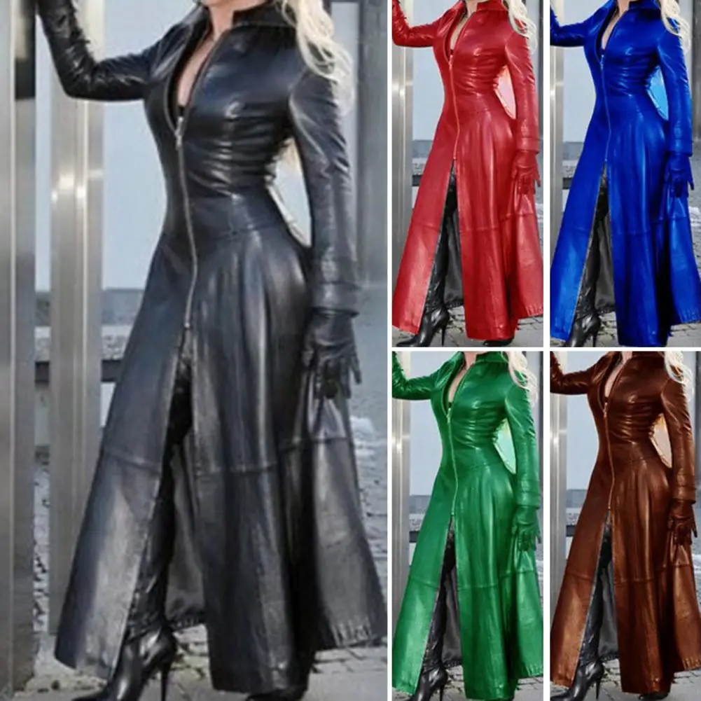Autumn Jacket Smooth Surface Faux Leather Maxi Length Ankle Length Tight Waist Autumn Jacket Lady Autumn Coat for Shopping