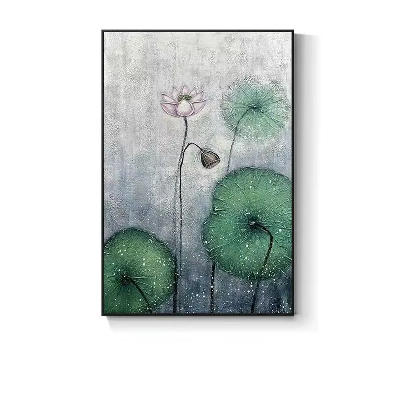 Modern Abstract Green Art Hand Drawn Oil Painting Lotus Leaf Lotus Living Home Decoration Bedroom Dining Room And Sofa backgroun