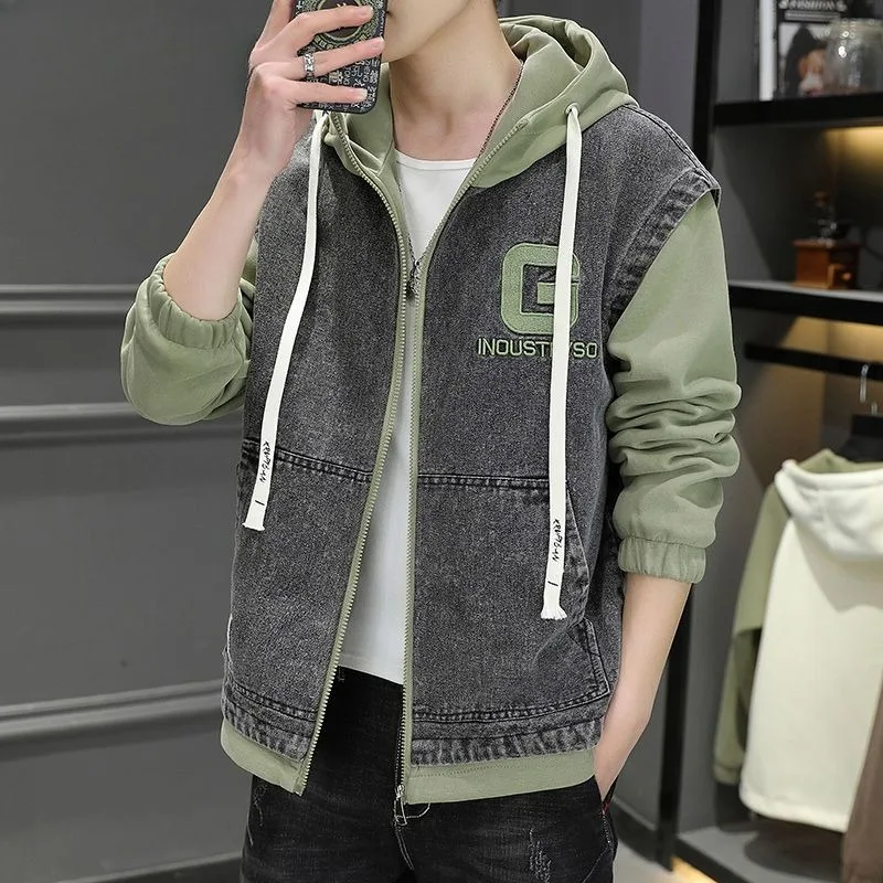 Men Contrast Colors False-Two-Piece Denim Jacket Autumn Winter Male Trendy Hooded Thicken Outwear Casual Oversized Loose Outcoat
