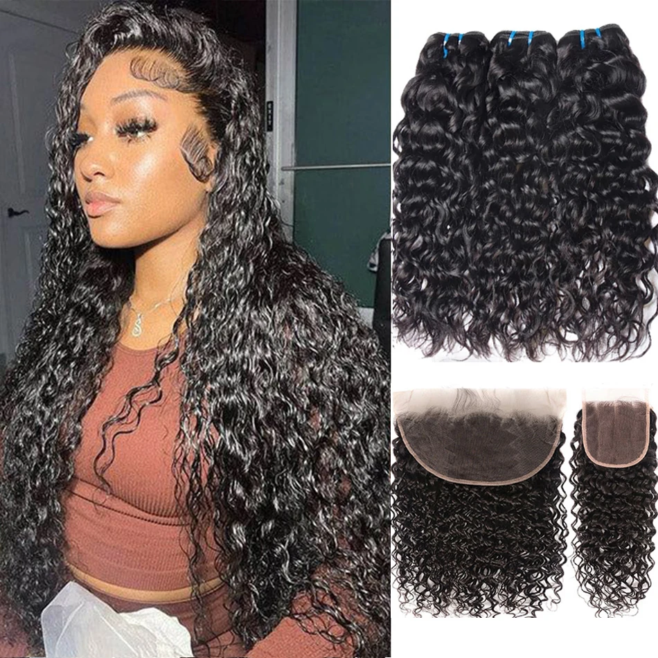 Water Wave Bundle Human Hair with Frontal Cheap Malaysian Curly Long Human Hair Extensions with 4x4 Lace Closure Natural Wave