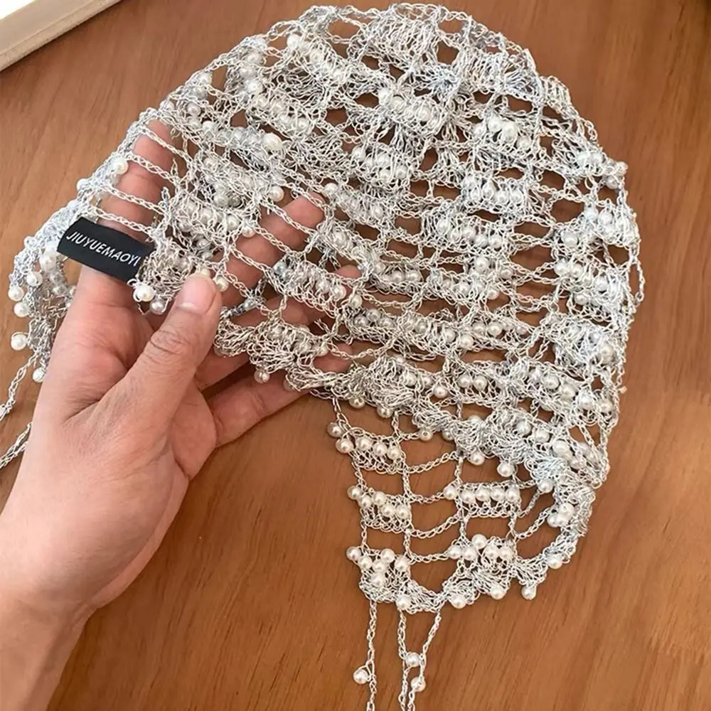 Lightweight Handmade Beaded Hat Pearl Beaded Tassel Hollow out Slouch Cap Breathable Openwork Bridal Headwear Women