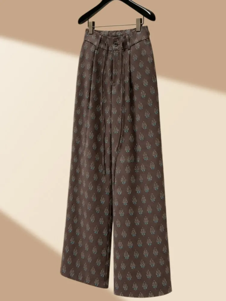 Retro Floral Print Wide Leg Pants Women's Summer Thin High Waist Drawstring Drapey Straight Long Trousers Casual Comfortable