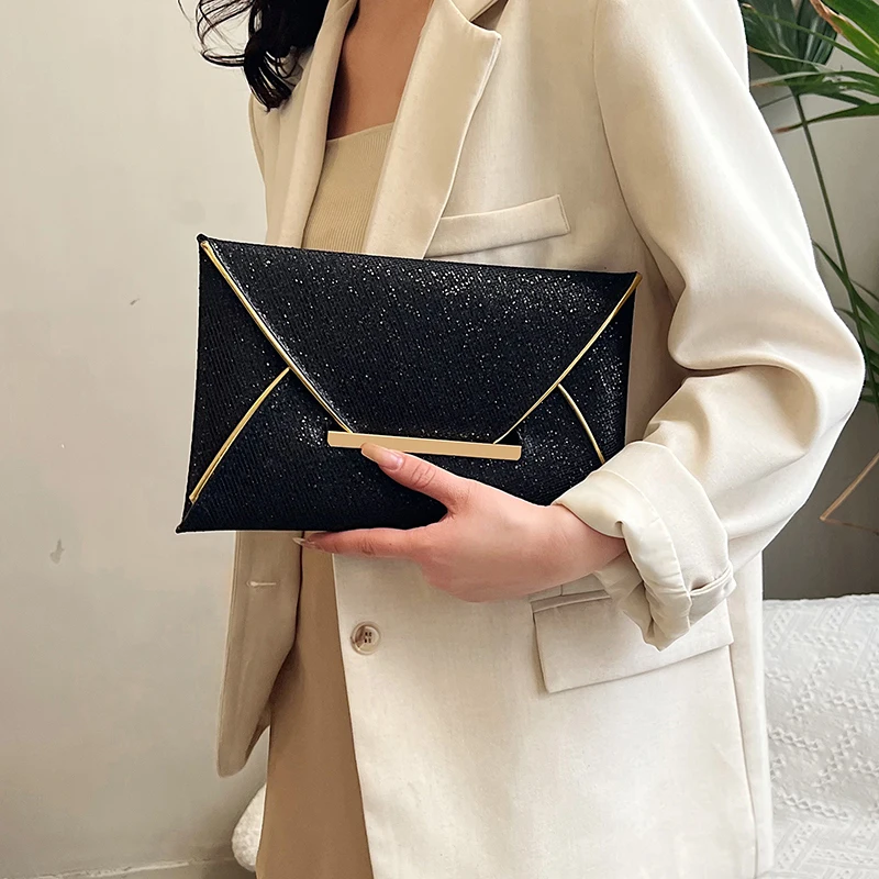 Women Envelope Evening Bag Solid Color Luxury Shiny Clutch Sequins Evening Purse Elegant Bling Clutch Ladies Wedding Bag