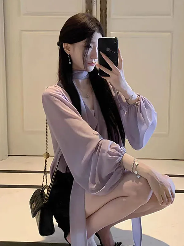 

Elegant V-Neck Loose Chiffon Shirt with Sash Strap Vest High-End Feelings Half Skirt Three-Piece Set Long Sleeve 2025 Spring ...