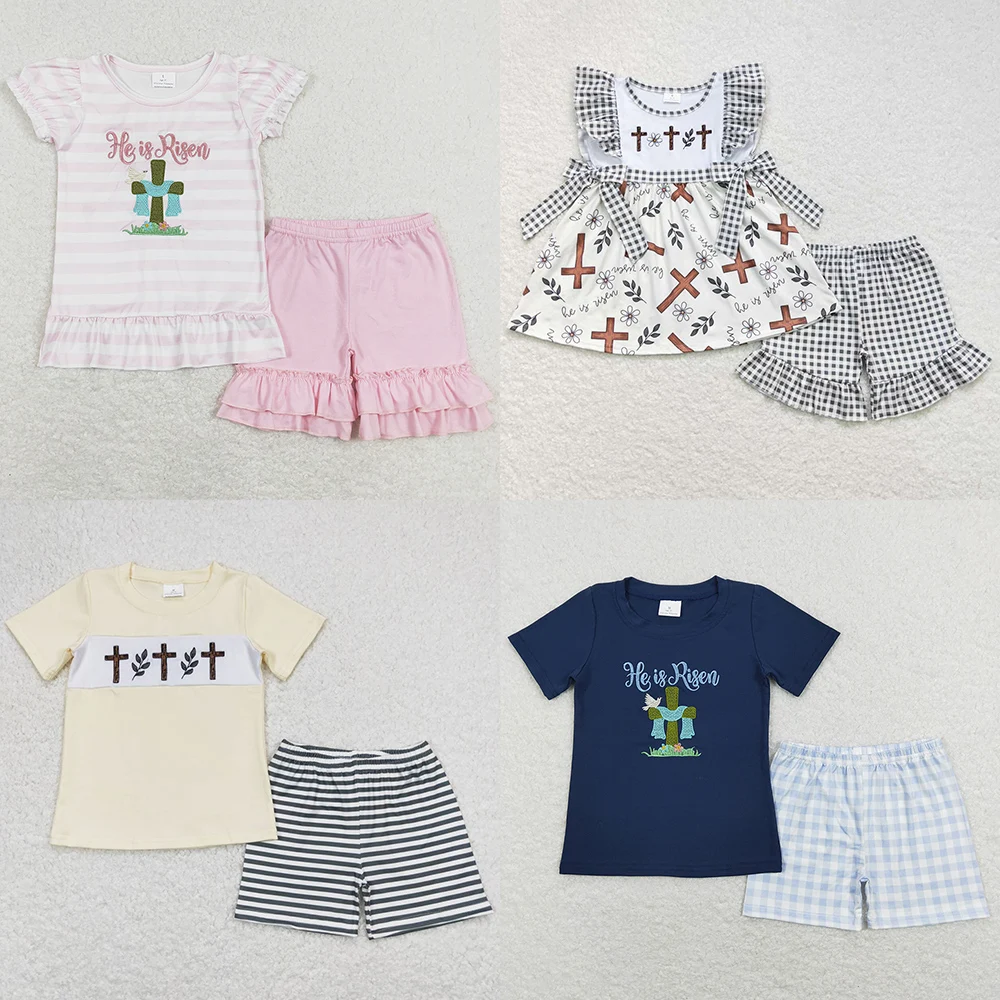 Hot Sale Baby Girls Clothes Easter He Is Risen Cross Embroidery Sibling Clothing Boys Outfits Boutique Boys Clothing Girls Sets