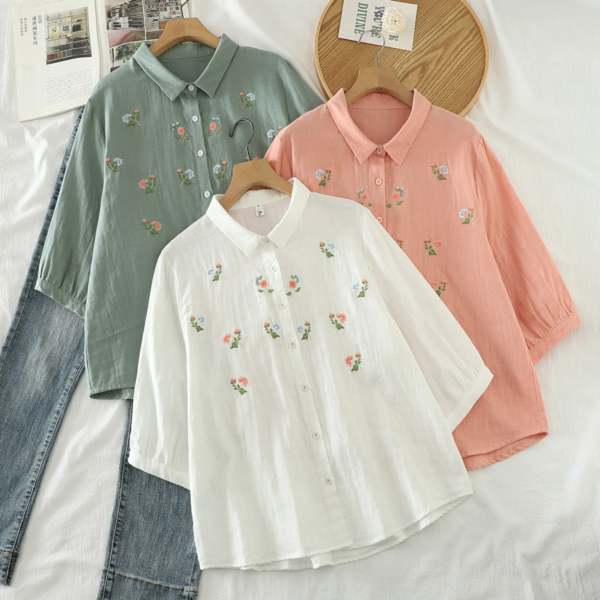 

Summer Japanese Mori Girl Flowers Embroidery Double Layers Cotton Yarn Shirt Women Half Sleeve Peter Pan Collar Blouse Tops