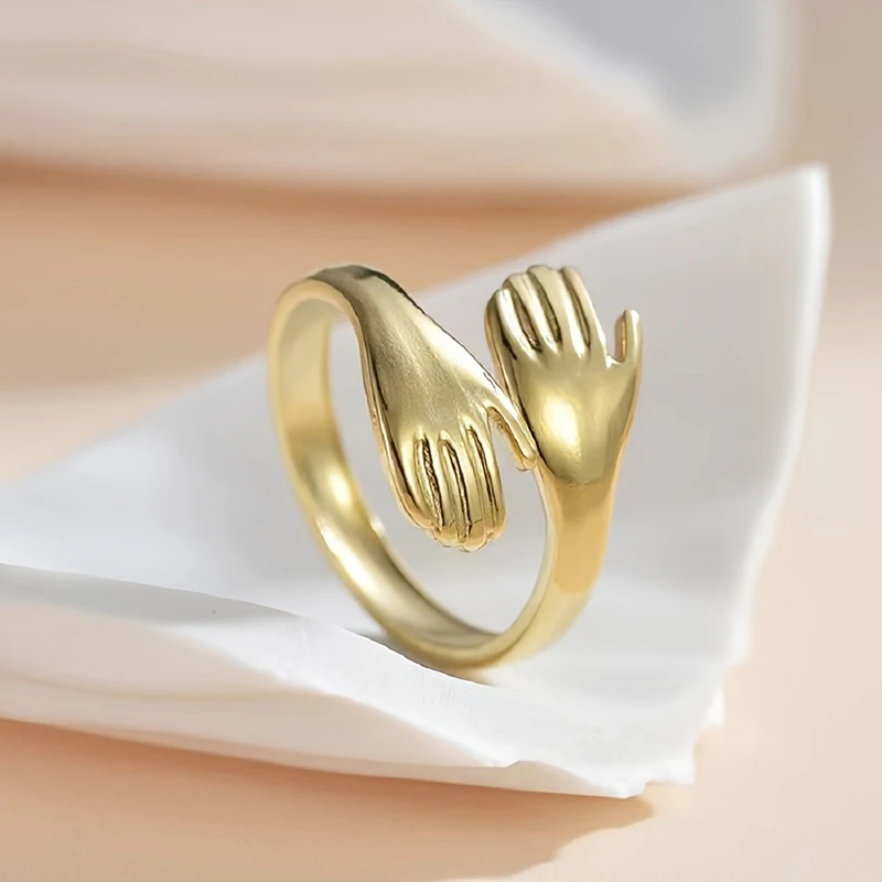 CAOSHI Women Trendy Opening Rings Gold Color Embrace Hand Design Adjustable Band Finger Ring StatementJewelry Daily Party Gift