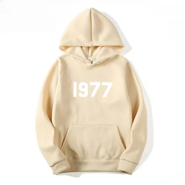 2024 New Pure Cotton Men\'s Hoodie Casual Sports Drawstring Hoodie 1977 Digital Print Front Kangaroo Pocket