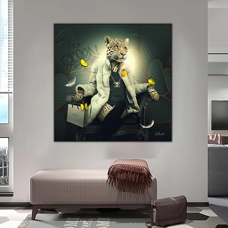 

Fashion Lady Leopard Mr. Lion Poster Abstract Art Animal Canvas Painting Modern Luxury Prints Art Picture for Wall Home Decor