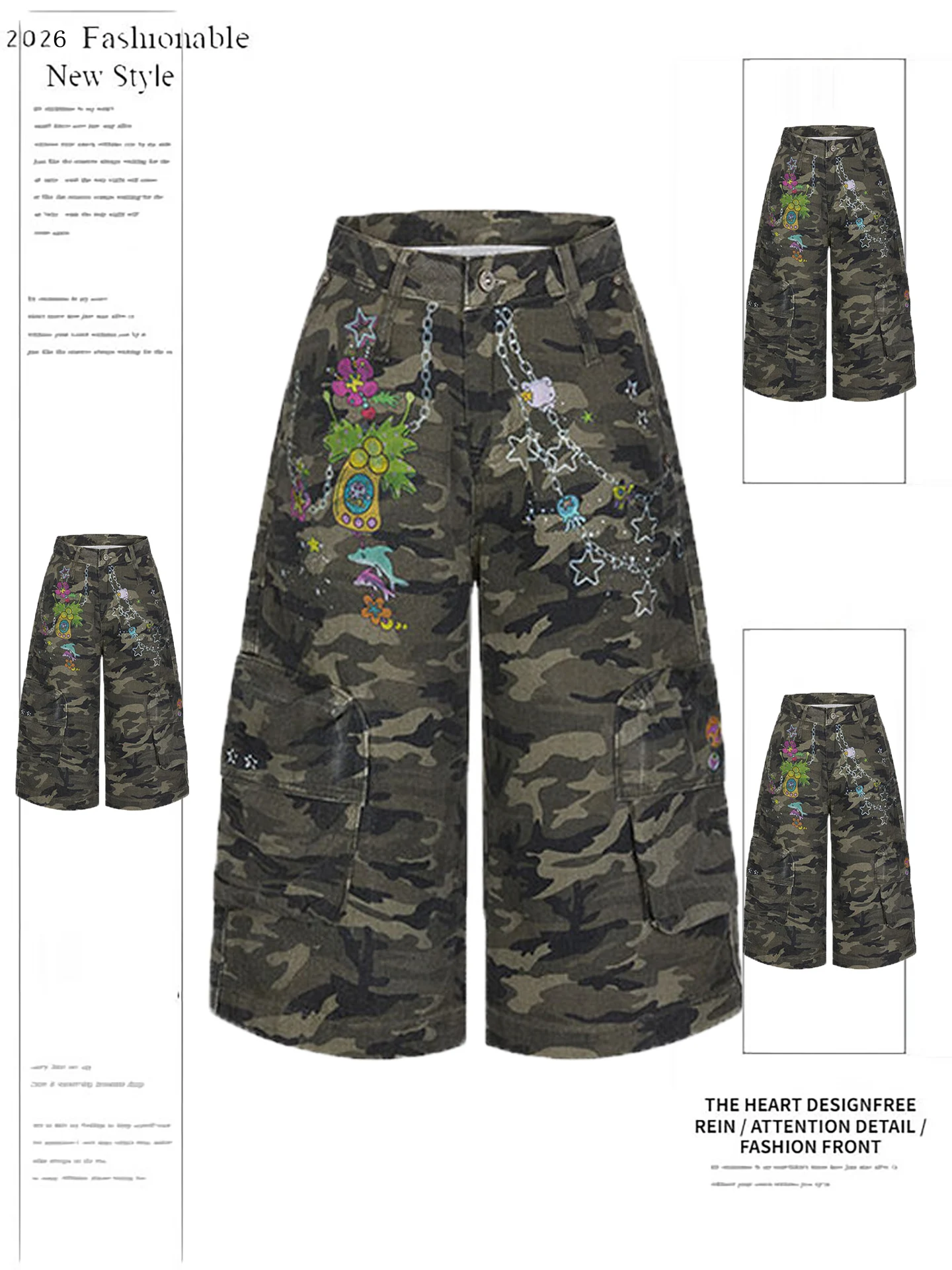 

American Retro Camouflage Pants Women's Summer New Loose Wide Leg Workwear orts High Waist Multi ket Printed Seven-Foot ...