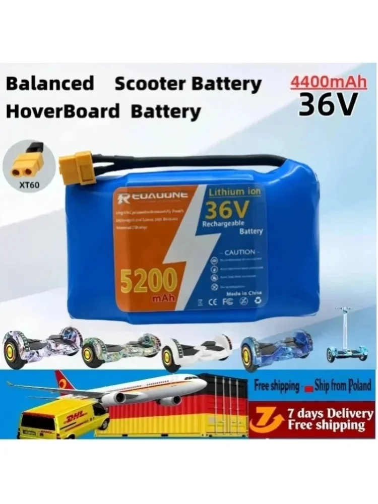 Hochleistungsfähiger 36V 4400mAh/5200mAh 10S2P wiederaufladbarer Lithium-Akku mit stabiler Leistung, langlebiges Ersatzteil, perfekt passend für elektrische selbstbalancierende Scooter, Hoverboards,