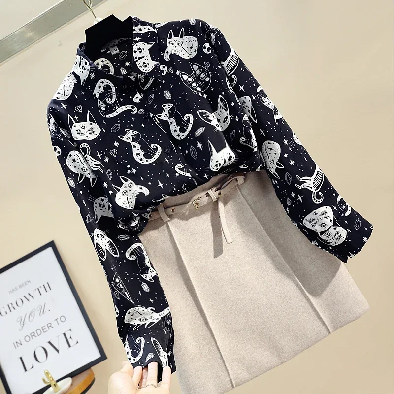 Spring Autumn Women's Blouse Korean Fashion Style Lapel Print Long-sleeved Shirt New Loose Casual Female Tops DE740