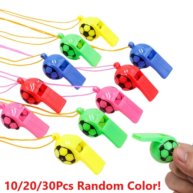 

10/20/30 шт. случайных свистков в футбольном стиле с веревкой, пластиковые, разноцветные, для спортивных соревнований и поддержки команд по черлидингу
