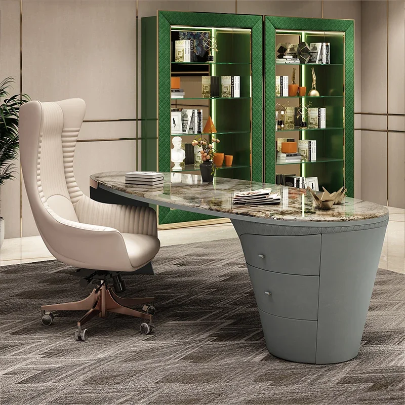 luxury unique durable modern marble top grey leather executive table office desk chair set marble top solid wood office desk